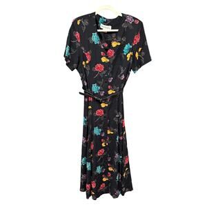Norton McNaughton Black Floral Midi Dress 10 Swing Belted Modest Button